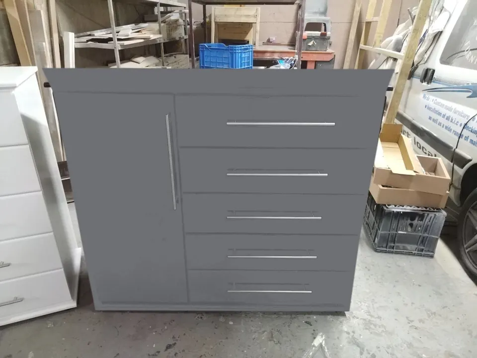 Grey chest of drawers with five drawers and a tall single cupboard door on the left, with long silver bar handles (colour preview)