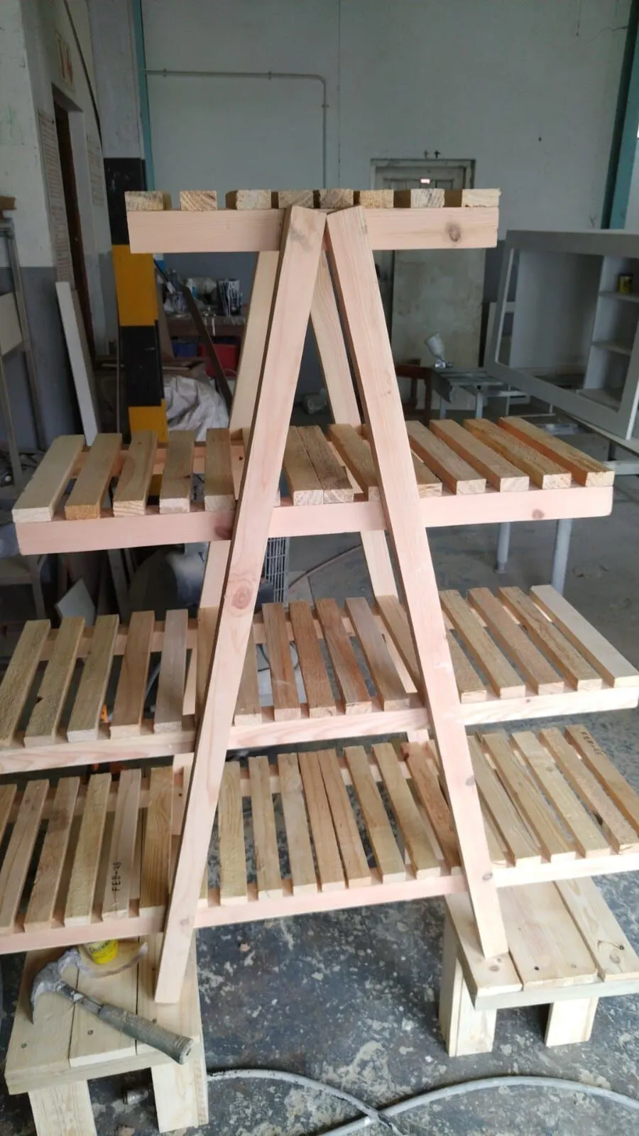A-frame pine plant stand with slatted shelves