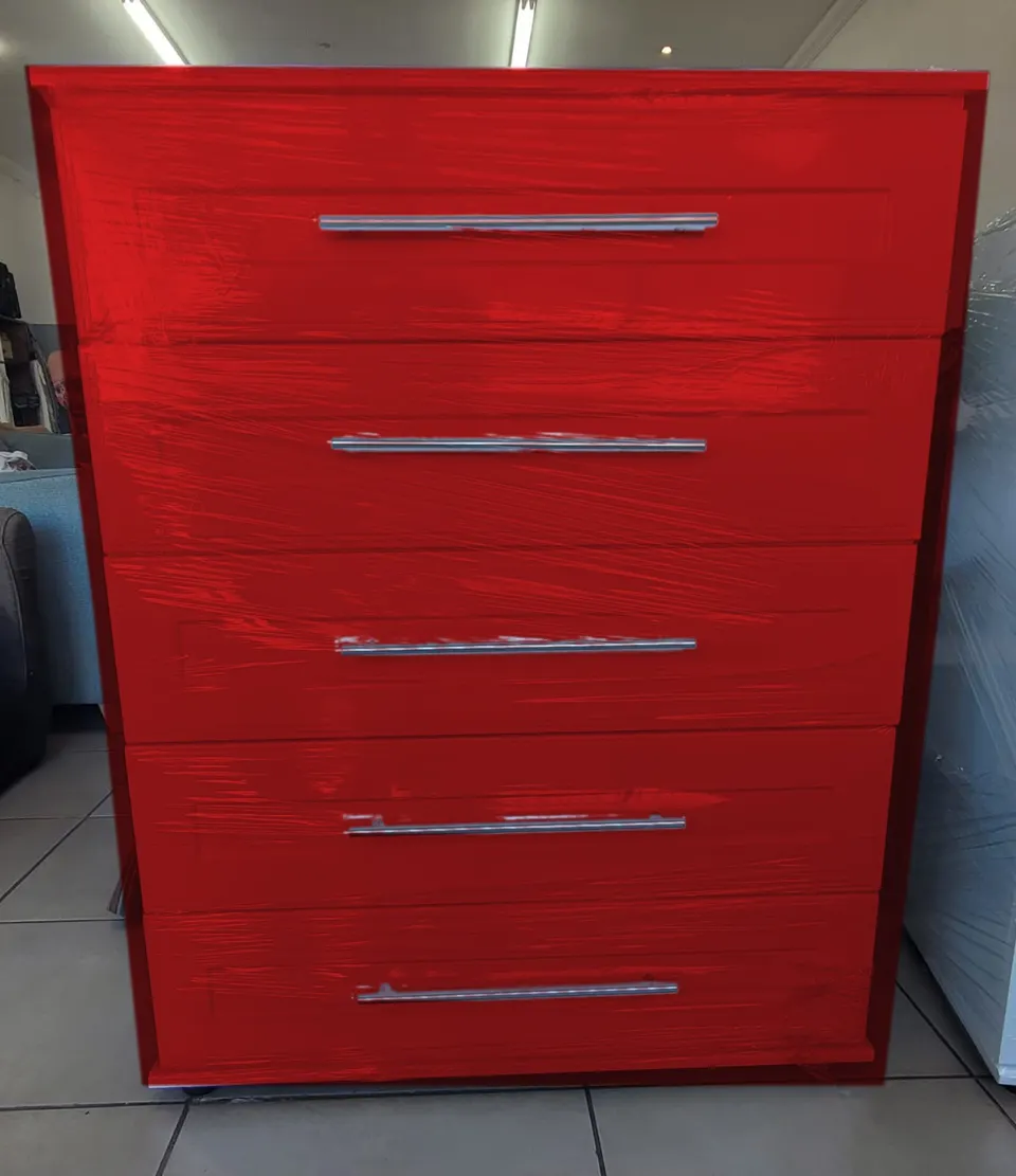 Red five-drawer chest of drawers with raised-panel drawer fronts and full-length silver bar handles (colour preview)
